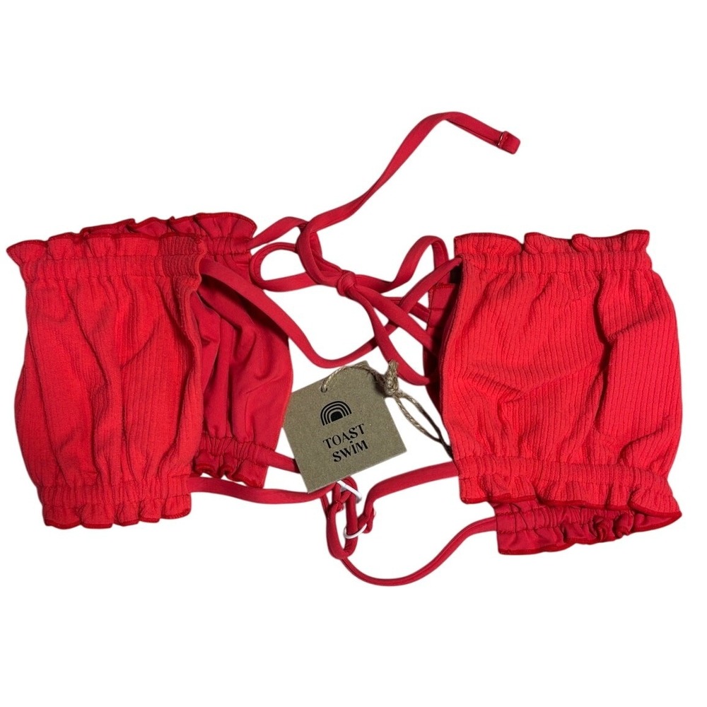 NWT Toast Signature Ruffle Bandeau Top, Open Front, Fire Coral Red, Ribbed, Sz M - Picture 2 of 5